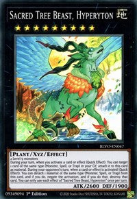A Super Rare "Sacred Tree Beast, Hypertron" card from the Yugioh Set: Blazing Vortex (BLVO).