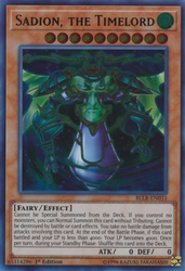 An Ultra Rare "Sadion, the Timelord" card from the Yugioh Set: Battles of Legend: Relentless Revenge (BLLR).