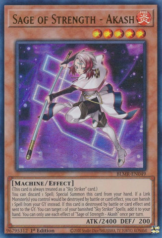An Ultra Rare "Sage of Strength - Akash" card from the Yugioh Set: Battles of Legend: Monstrous Revenge (BLMR).