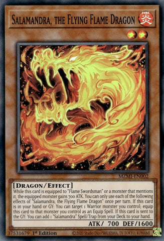 A Super Rare "Salamandra, the Flying Flame Dragon" card from the Yugioh Set: Maze of Millennia (MZMI).
