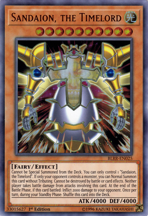 An Ultra Rare "Sandaion, the Timelord" card from the Yugioh Set: Battles of Legend: Relentless Revenge (BLRR).