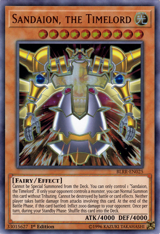 An Ultra Rare "Sandaion, the Timelord" card from the Yugioh Set: Battles of Legend: Relentless Revenge (BLRR).
