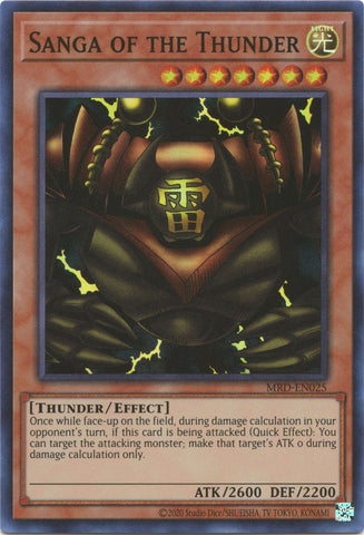 A Super Rare 25th Anniversary "Sanga of the Thunder" card from the Yugioh Set: Metal Raiders (MRD).