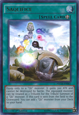 An Ultra Rare "Saqlifice" card from the Yugioh Set: The New Challengers.