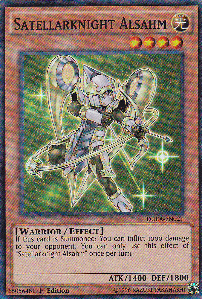 A Super Rare "Satellarknight Alsahm" card from the Yugioh Set: Duelist Alliance (DUEA).