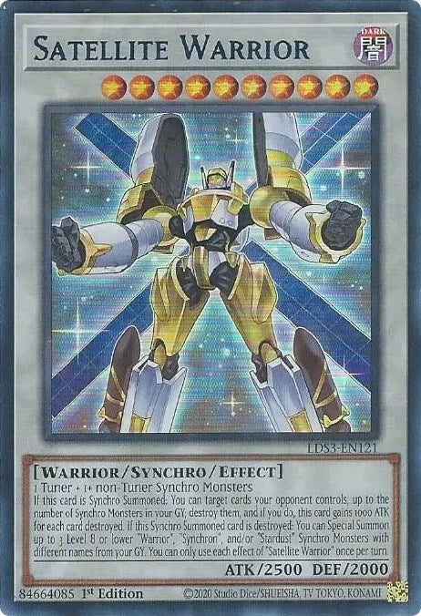 An Ultra Rare Blue "Satellite Warrior" card from the Yugioh Set: Legendary Duelists: Season 3 (LDS3).
