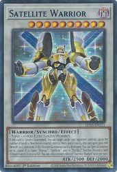 An Ultra Rare Blue "Satellite Warrior" card from the Yugioh Set: Legendary Duelists: Season 3 (LDS3).