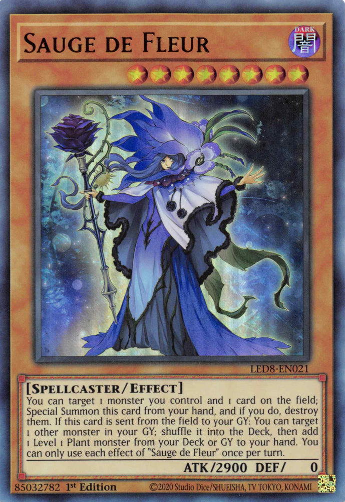  An Ultra Rare "Sauge De Fleur" card from the Yugioh Set: Legendary Duelists: Synchro Storm (LED8).