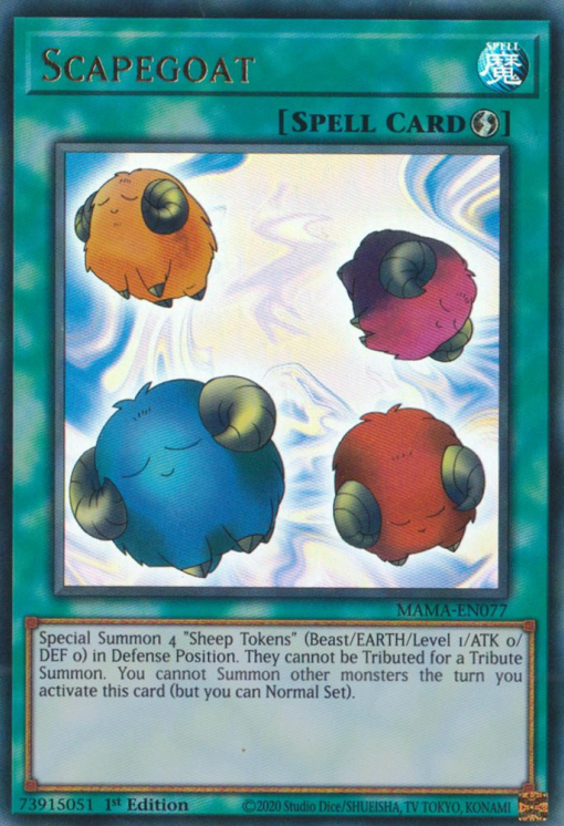 An Ultra Rare "Scapegoat" card from the Yugioh Set: Magnificent Mavens.