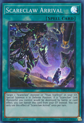  A Super Rare "Scareclaw Arrival" card from the Yugioh Set: Dimension Force.