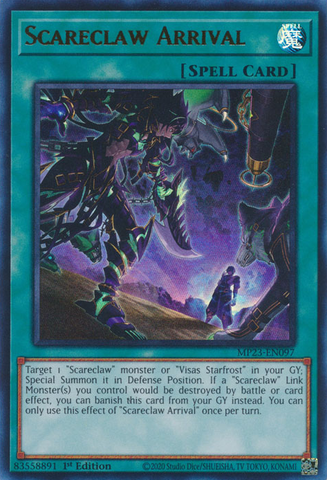 An Ultra Rare "Scareclaw Arrival" card from the Yugioh Dueling Heroes Mega-Tin Mega Pack.