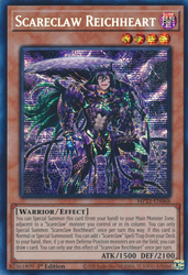 A Prismatic Secret Rare "Scareclaw Reichheart" card from the 25th Anniversary Dueling Heroes Mega-Tin Mega Pack.