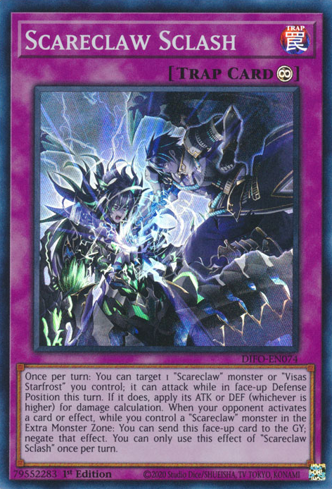  A Super Rare "Scareclaw Sclash" card from the Yugioh Set: Dimension Force.