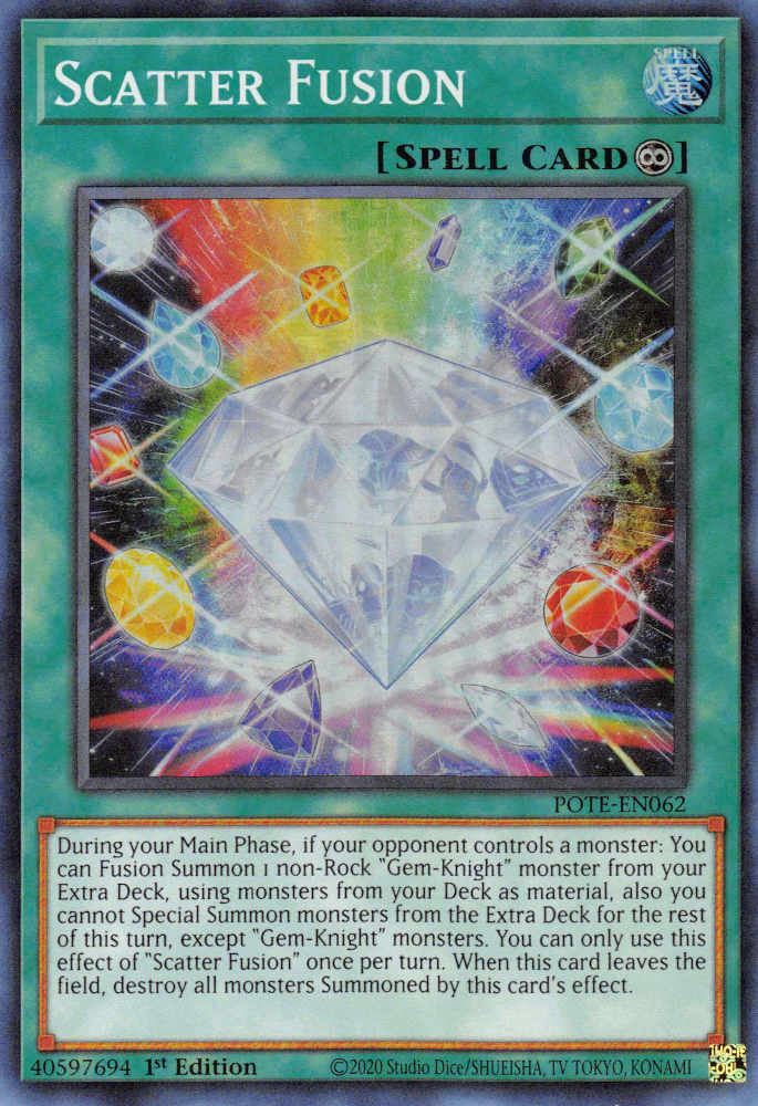 A Super Rare "Scatter Fusion" card from the Yugioh Set: Power of the Elements.