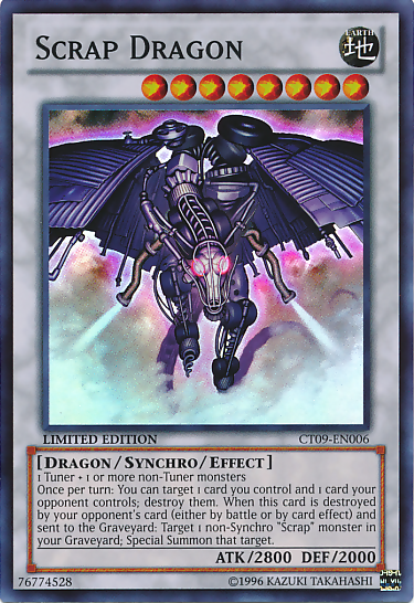 A Super Rare "Scrap Dragon" card from the Yugioh 2012 Collectors Tins.