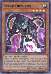 An Ultra Rare "Scrap Orthros" card from the Yugioh Set: Duel Overload.