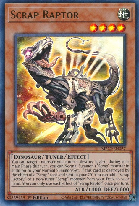 An Ultra Rare "Scrap Raptor" card from the Yugioh 2022 Tin of the Pharaoh's Gods Set (MP22).