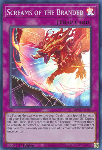 A Super Rare "Screams of the Branded" card from the Yugioh 2022 Tin of the Pharaoh's Gods Set (MP22).