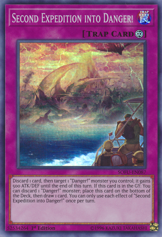 A Super Rare "Second Expedition Into Danger!" card from the Yugioh Set: Soul Fusion.