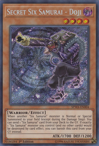 A Secret Rare "Secret Six Samurai - Doji" card from the Yugioh Set: Spirit Warriors (SPWA).