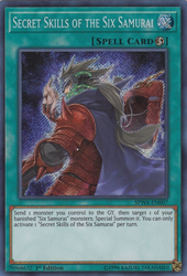 A Secret Rare "Secret Skills of the Six Samurai" card from the Yugioh Set: Spirit Warriors (SPWA).