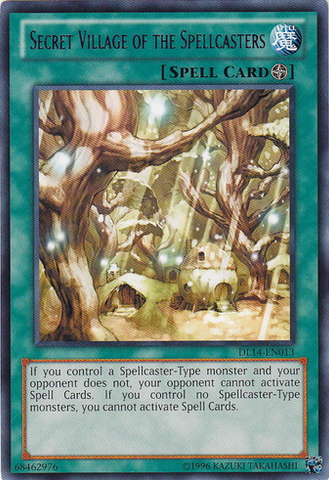 A Rare "Secret Village of the Spellcasters" Duelist League Promo card with blue text.