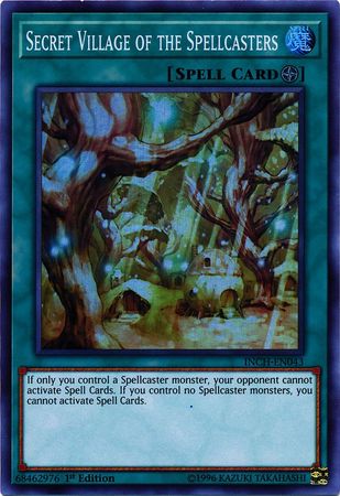  A Super Rare "Secret Village of the Spellcasters" card from the Yugioh Set: The Infinity Chasers (INCH).