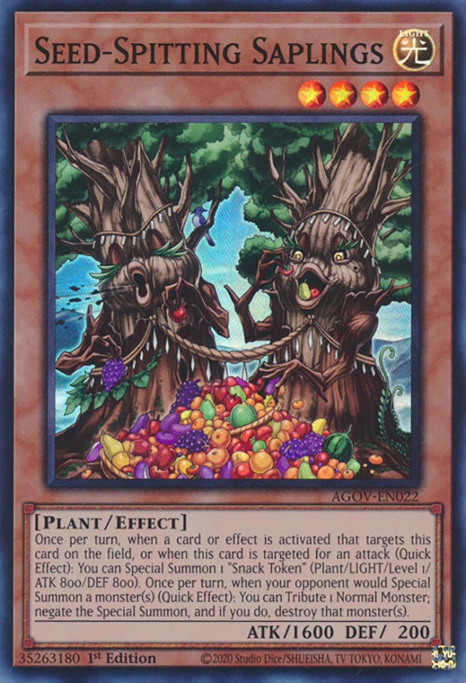 A Super Rare "Seed-Spitting Saplings" card from the Yugioh Set: Age of Overlord.