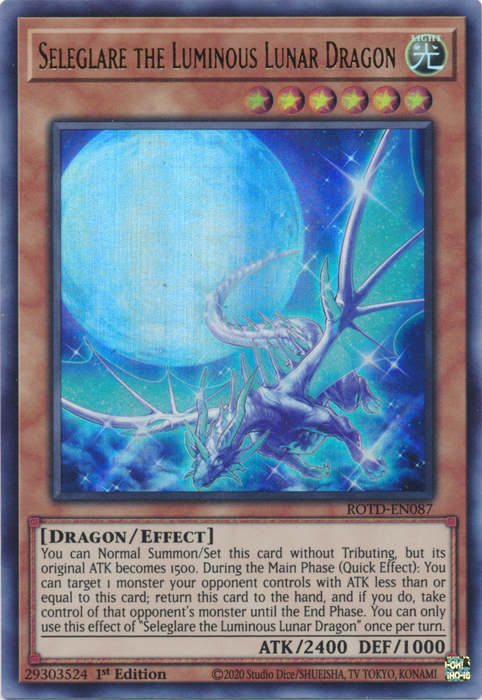 An Ultra Rare "Seleglare the Luminous Lunar Dragon" card from the Yugioh Set: Rise of the Duelist (ROTD).