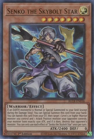 An Ultra Rare "Senko the Skybolt Star" card from the Yugioh Set: Battles of Legend: Crystal Revenge (BLCR)
