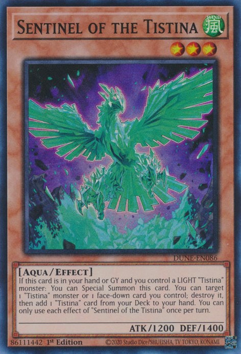 A Super Rare "Sentinel of the Tistina" card from the Yugioh Set: Duelist Nexus (DUNE). 