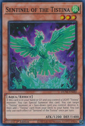 A Super Rare "Sentinel of the Tistina" card from the Yugioh Set: Duelist Nexus (DUNE). 