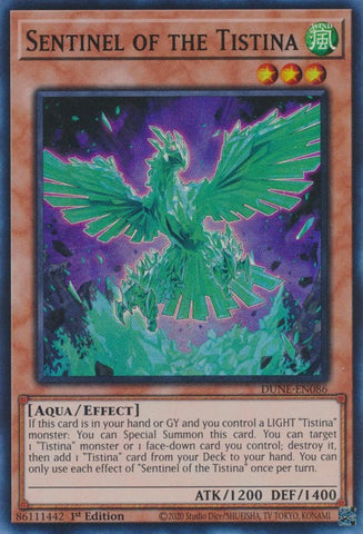 A Super Rare "Sentinel of the Tistina" card from the Yugioh Set: Duelist Nexus (DUNE). 