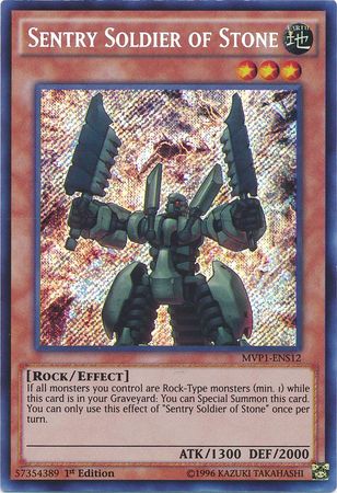A Secret Rare "Sentry Soldier of Stone" card from the Yugioh Set: The Dark Side of Dimensions: Secret Edition (MVP1).