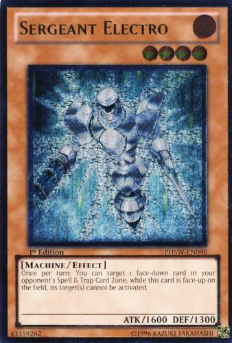An Ultimate Rare "Sergeant Electro" card from the Yugioh Set: Photon Shockwave (PHSW).