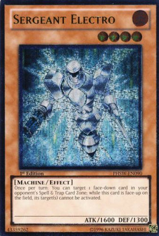 An Ultimate Rare "Sergeant Electro" card from the Yugioh Set: Photon Shockwave (PHSW).