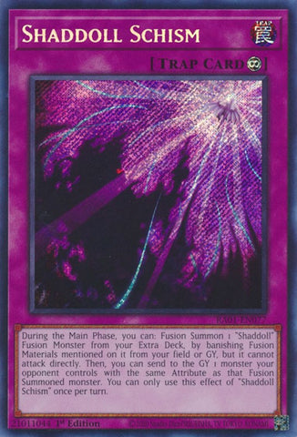 A Secret Rare "Shaddoll Schism" card from the Yugioh Set: Rarity Collection 1 (RA01).