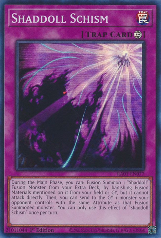 A Super Rare "Shaddoll Schism" card from the Yugioh Set: Rarity Collection 1 