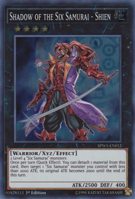 A Super Rare "Shadow of the Six Samurai - Shien" card from the Yugioh Set: Spirit Warriors (SPWA).