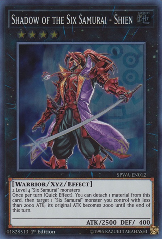 A Super Rare "Shadow of the Six Samurai - Shien" card from the Yugioh Set: Spirit Warriors (SPWA).