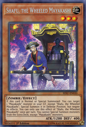 A Secret Rare "Shafu, the Wheeled Mayakashi" card from the Yugioh Set: Hidden Summoners (HISU).