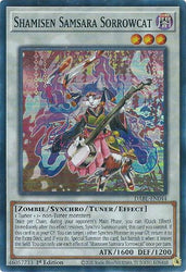 A Super Rare "Shamisen Samsara Sorrowcat" card from the Yugioh Set: Darkwing Blast (DABL).