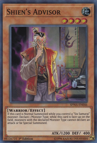 A Super Rare "Shien's Advisor" card from the Yugioh Set: Spirit Warriors (SPWA).