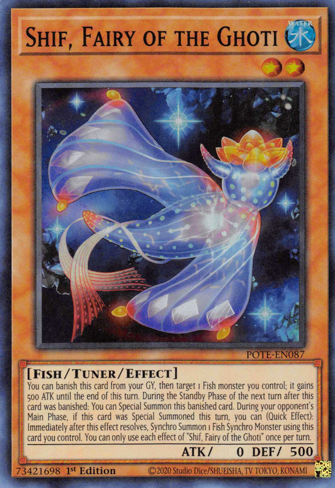 A Super Rare "Shif, Fairy of the Ghoti" card from the Yugioh Set: Power of the Elements (POTE).