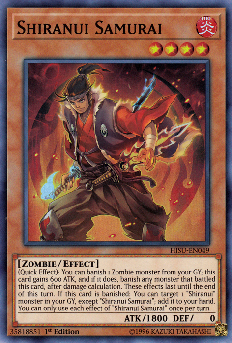 A Super Rare "Shiranui Samurai" card from the Yugioh Set: Hidden Summoners (HISU).
