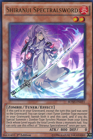 An Ultra Rare "Shiranui Spectralsword" card from the Yugioh Set: Breakers of Shadow.