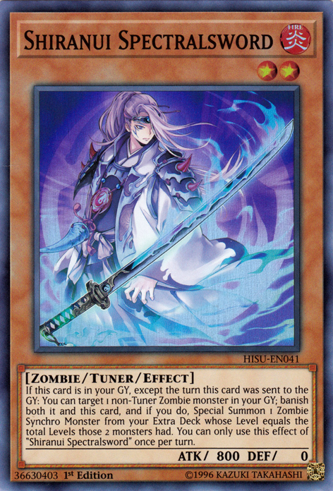 A Super Rare "Shiranui Spectralsword" card from the Yugioh Set: The Hidden Summoners (HISU).