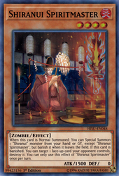 A Super Rare "Shiranui Spiritmaster" card from the Yugioh Set: Hidden Summoners (HISU).