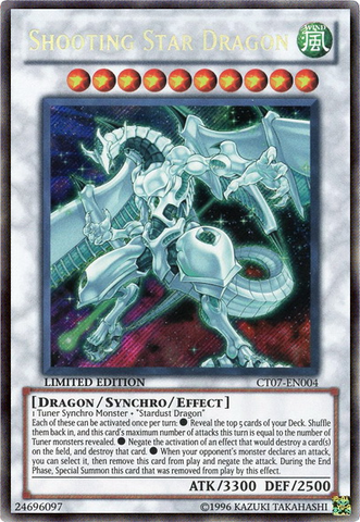 A Secret Rare "Shooting Star Dragon" card from the Yugioh 2010 Collectible Tins (CT07).