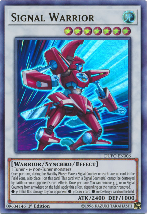 An Ultra Rare "Signal Warrior" card from the Yugioh Set: Duel Power (DUPO).